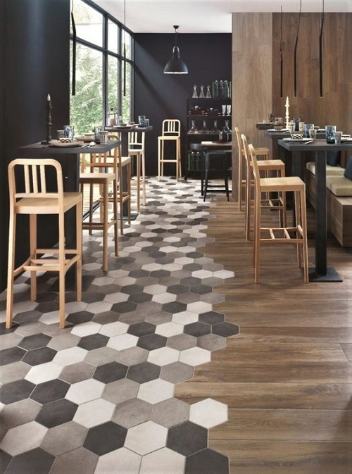Gạch lục giác màu xám bề mặt men bóng sẽ giúp cho quán cà phê tăng vẻ đẹp thẩm mỹ.