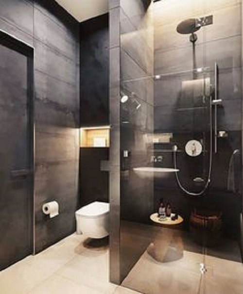 Gạch thẻ ốp tường màu đen cho nhà vệ sinh cao cấp trang trí thêm phụ kiện