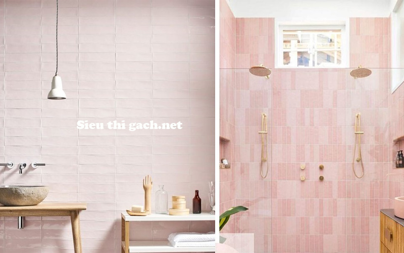 Mang vẻ đẹp nhẹ nhàng của gạch màu hồng cánh sen mờ trang trí phòng tắm