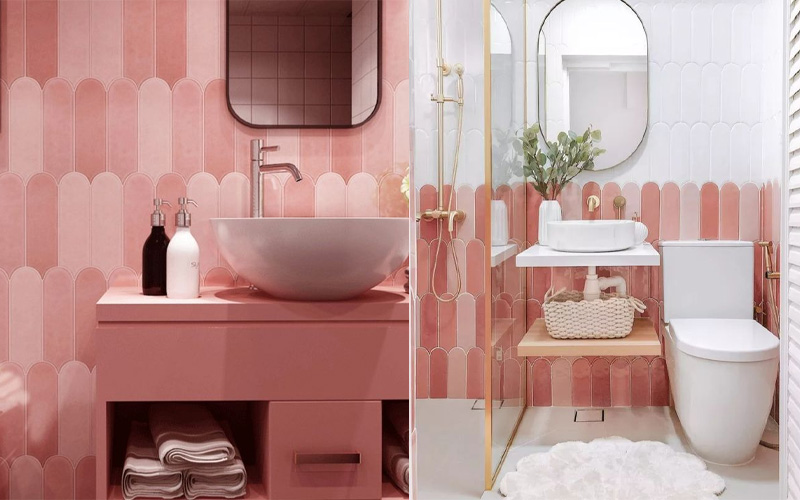 Mẫu gạch màu hồng trang trí phòng tắm hình lông vũ