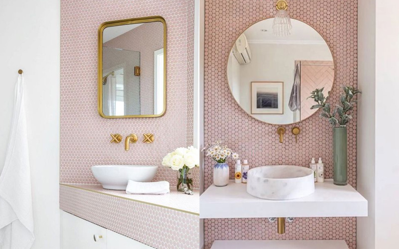 Tạo điểm nhấn với mẫu gạch màu hồng trang trí phòng tắm