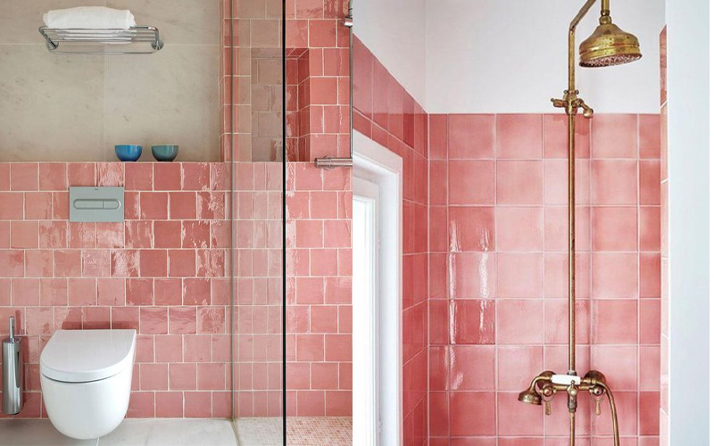 Trang trí phòng tắm bằng mẫu gạch 1010 màu hồng bóng