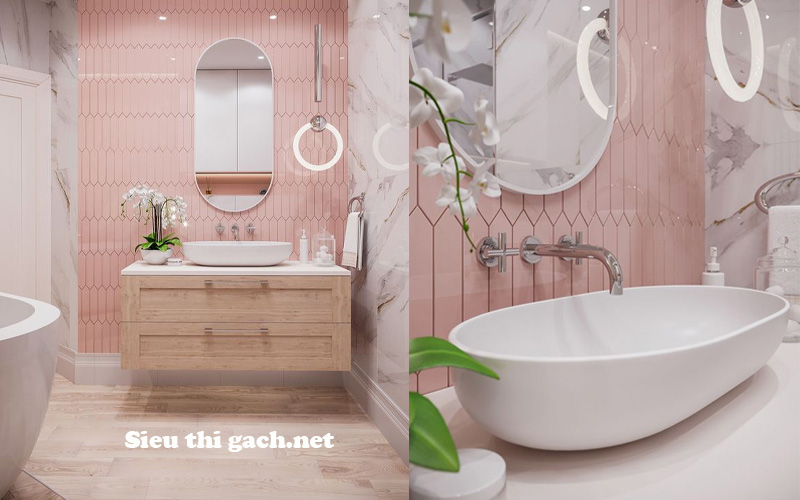Trang trí phòng tắm bằng mẫu gạch màu hồng hình mũi tên