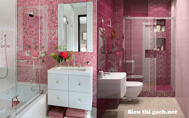 Trang trí phòng tắm bằng mẫu gạch mosaic màu hồng